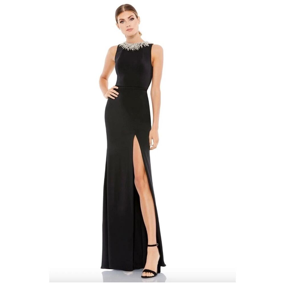 Mac Duggal Black High Neck Rhinestone Collar Column Formal Gown Size 16